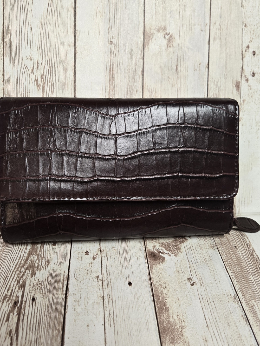 Burgundy Brown Croc Embossed Wallet Organizer Clutch Multi Pocket